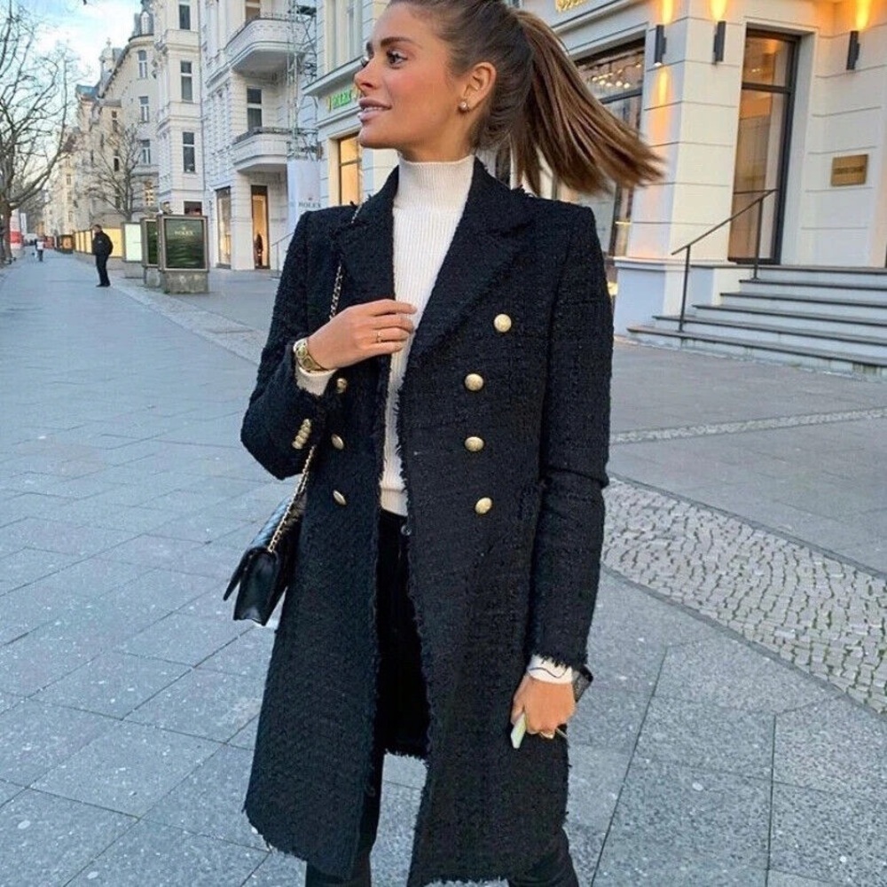 ZARA Tweed Double Breasted Long Coat Parisian Elegant